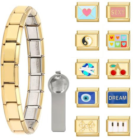 Dihope Italian Charm Bracelet Gold Italian Charms Set Edelstahl 9mm, DIY Abnehmbar Module für Italienische Armbänder, Italian Style Charms für Damen Herren Kinder Jungen Mädchen