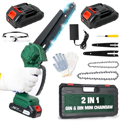 Cordless 6-Inch&8-Inch Mini Chainsaw, Portable Electric Chainsaw with 2 High-Capacity Batteries 4000mAh &Chains, Lightweight Design with Safety Lock and Powerful Motor for Efficient Tree Trimming