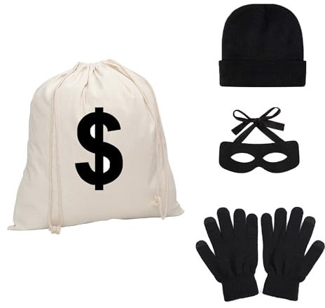 23GUANYI Panzerknacker Maske und Geldsack, Maske Fasching, Zorro Kostüm Herren, Dieb Kostüm Kinder, Räuber Kostüm mit Dollar Zeichen Geld Tasche Augenmaske Faschingskostüme für Karneval Cosplay