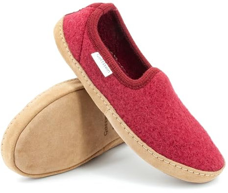 Gottstein Filzpantoffeln Cheyenne aus Mulesing-freier Schaf-Schurwolle – Handgefertigte Hausschuhe aus Wollfilz für Damen & Herren Größe EU 36-47 – Slipper mit gepolsterter Ledersohle Weinrot, 43