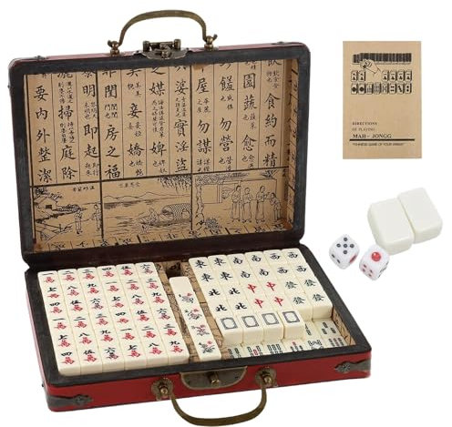 Eidoct Mini Chinese Majong Set, 144PCS Mahjong Tile Set with 2 PCS Dice & Leather Carrying Case Box, Portable Family Mahjong Game Set Leisure Time Or Travel