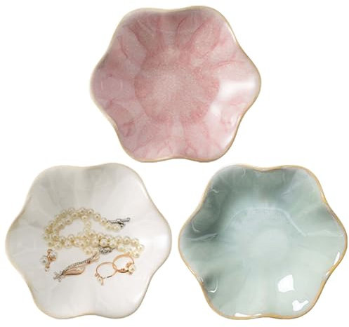 Lot de 3 bols à bijoux en céramique : en forme de fleur, assiette à bijoux, décoration de coiffeuse, petit bol à bijoux, plateau à bijoux, décoration de salle esthétique, organisateur pour chambre à