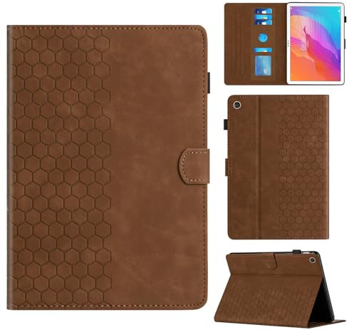 Rosbtib Funda para Huawei MatePad T10S 10.1 AGS3-L09 AGS3-W09/MatePad T10 9.7 AGR-L09 AGR-W09 con Soporte y Ranura para Tarjetas, Funda de Piel sintética con patrón de Textura Hexagonal, Marrón