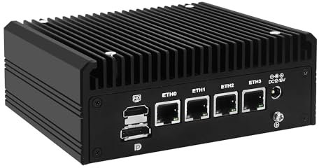 MNBOXCONET Mini PC Lüfterlos AMD Ryzen 5 5500U (6C/12T), Micro Firewall Desktop Computer Büro Win 11 Pro, DDR4 Barebone, 4 x i226V 2.5GbE LAN, USB C HD DP Triple Display