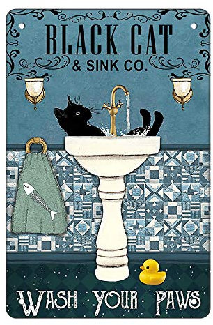Metal Wall Decor, Garden Sign, Gift Street Sign – Wash Your Paws Funny Black Cat Vintage Metal Wall Sign for Bathroom, Café, Pub Decor 8x12