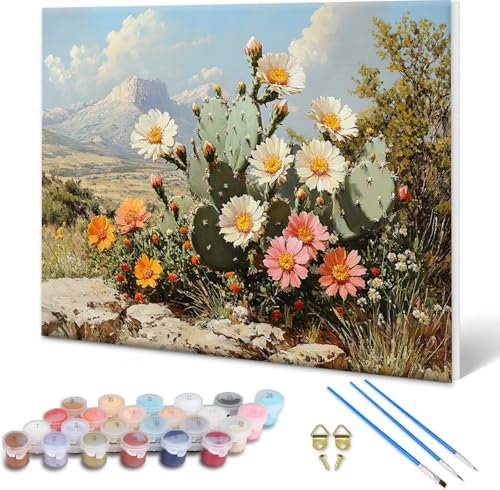 Malen nach Zahlen Kaktus, Malen nach Zahlen Erwachsene Landschaft, Paint by Numbers Kreativ Set für Erwachsene, DIY Ölgemälde Leinwand Kunst Bastelset für Zimmer Wanddeko 40x30 cm, Rahmenlos B-7