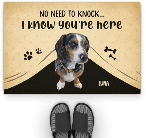 Personal Chic Personalised Door Mat - No Need To Knock, We Know You're Here - Welcome Mat, Custom Door Mat, Personalised Mats (4 dogs)