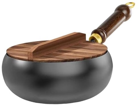 Versatile Iron Pot, Uncoated Hand Forged Big Belly Pot, Non Stick Wok, with Wood Handle and Lid, Cooking Vessel for Simmering and High-Heat Frying, 24x10.5x21cm