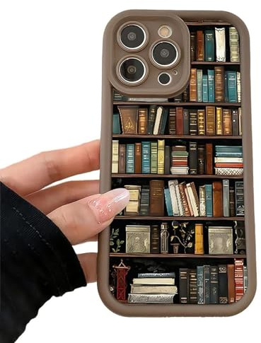 Generisch Cartoon Bookshelf Pattern TPU Phone Case for iPhone 16 15 14 13 12 11 Pro Max XR XS Plus Series, Book Phone Case, Shockproof Non Slip Soft Silicone Protective Cover (13 PRO,Brown)