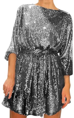 Generisch Festliche Kleider Für Damen Mit Pailletten Kleid Festlich Cocktailkleid Partykleid Langarm Crewneck Paillettenkleid Elegant Abendkleider Hochzeit Midi Silvester Glitzer Kleid Prom Dress