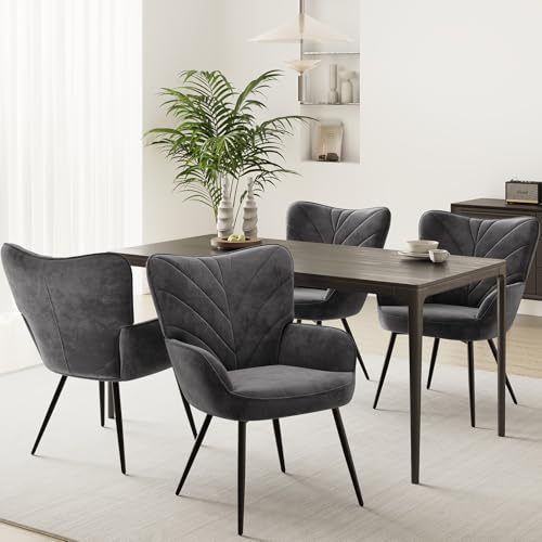 COLAMY Esszimmerstühle mit Armlehnen 4er Set, Stühle Esszimmer mit Rückenlehne, Polsternder Küchenstühle Gepolstert mit Wingback, Dining Chairs mit Holzbeinen für Esszimmer, Küche, Restaurant, Grau