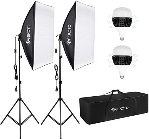 GEEKOTO Softbox Set Fotostudio 50 x 70cm, Dauerlicht Studioleuchte Set mit 2 Softboxlampen E27 85W 5500K, 2m Vollverstellbare Lichtstative für Studio-Porträts, Produktfotografie, Modefotos, usw.