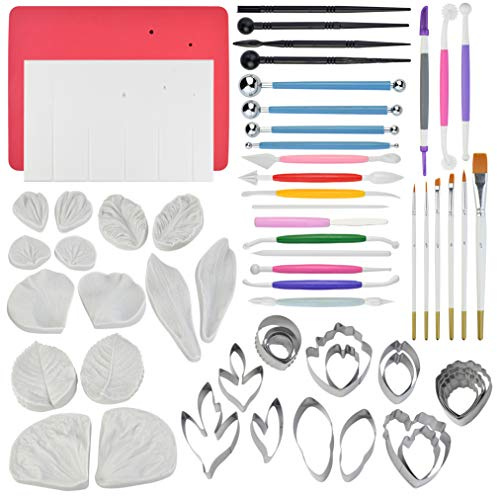62 Stück Gumpaste Blumen und Blätter Fondant Werkzeug Set 19 Edelstahl Blume Cutter 14 Stück Silikon Formen 1 Schaum Pad 1 Veining Board 4 Ball Tools 4 Rüschen 13 Modellierwerkzeuge 6 Pinsel rot