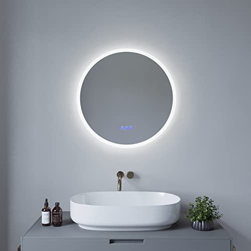 AQUABATOS 60 cm LED Badspiegel Rund Wandspiegel Badezimmerspiegel mit Beleuchtung lichtspiegel Dimmbar Touch Schalter Farbtemperatur Kaltweiß 6400K Warmweiß 3000K Spiegelheizung antibeschlag IP44 CE