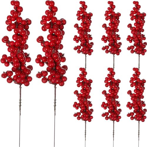 Künstliche rote Beerenstiele für den Winter, Stechpalmen-Beeren, Blumenarrangement für Weihnachtsbaum, DIY-Girlande, Weihnachtskranz, Ornamente, Hochzeit, Heimdekoration, Rot, 8 Stück