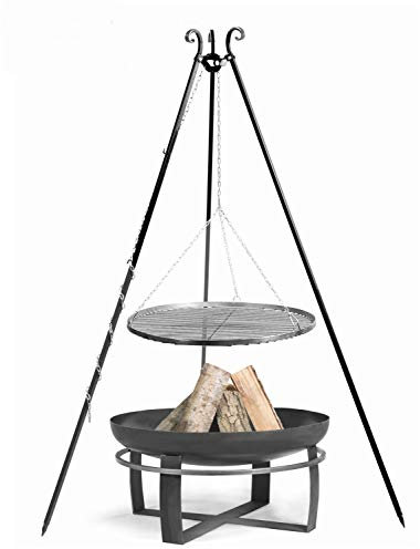 Set: Dreibein H 180 cm mit Grillrost Ø 70 cm aus Rohstahl + Feuerschale Viking Ø 80 cm Grillen CookKing