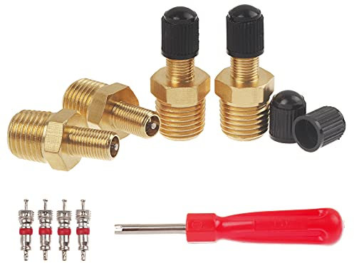 4Pcs 1/4 NPT Tank Valve, A.I.FORCE Air Compressor Tank Fill Valve with Anti-Corrosion Brass Schrader Valve and Caps, 4Pcs Extra Replacement Valve Stems Cores and Schrader Valve Tool