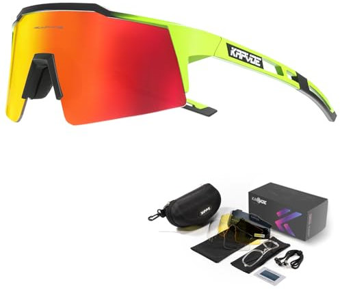 KAPVOE Polarisiert Fahrradbrille mit 4 wechselgläser TR90 Rahmen für Herren Damen Sport Radfahren MTB Sportsonnenbrille Radbrille Sportbrille Fahren Angeln Baseball Laufen 09 Rot Grün