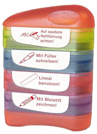 TimeTEX - Siebdruck-Stempel Perpetuum, 4 Stempel im praktischen Set - Serie: Auf saubere Heftführung achten - Mit Füller schreiben - Lineal benutzen - Mit Bleistift zeichnen - 62997
