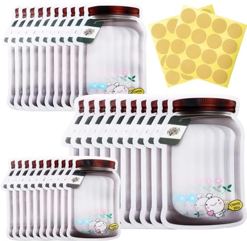 KESTAR 30 Pcs Mason Jar Zipper Bags, Reusable Food Saver Storage Bags Snacks Zipper Sealed Bags Fresh Bags (Style04 30 PCS)