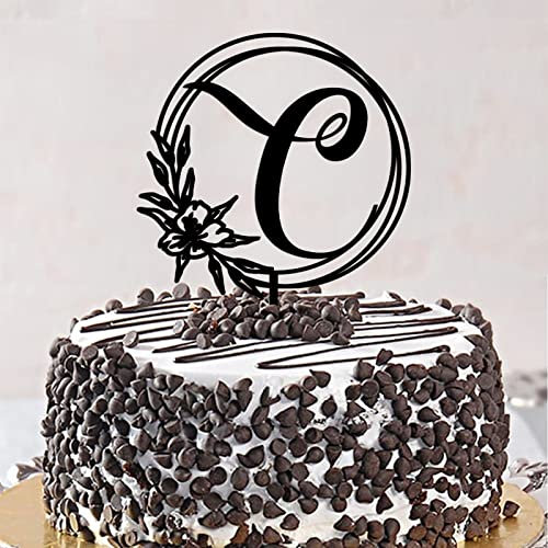 Cake Topper Acryl Buchstabe C schwarz Initialen Name Blätter Blumen Geburtstagsfeier Dekoration Blumenkranz wiederverwendbar Blumenkranz Romantisches Geschenk für Männer Frauen