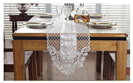 EHOMERY Tischdeko Usa, Tischläufer Filz Champagner Grau Dreieckige Spitze Mesh Stickerei Tischläufer Polyester 30x310CM