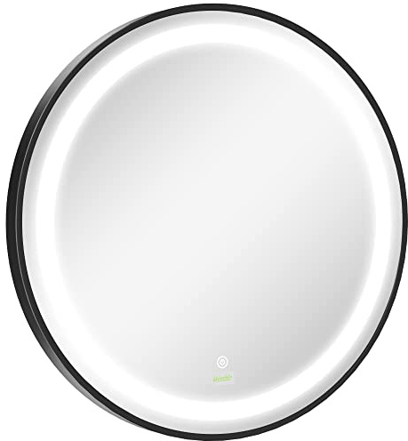 kleankin Round LED Bathroom Mirror, Dimmable Lighted Wall-Mounted Mirror with 3 Temperature Colours, Memory Function, Hardwired, Black