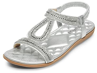 DREAM PAIRS Women's Flat Sandals Open Toe | Rhinestone sparkling upper, quilted thick cushioned PU insole, slip-resistant TPR outsole, ruched elastic back straps