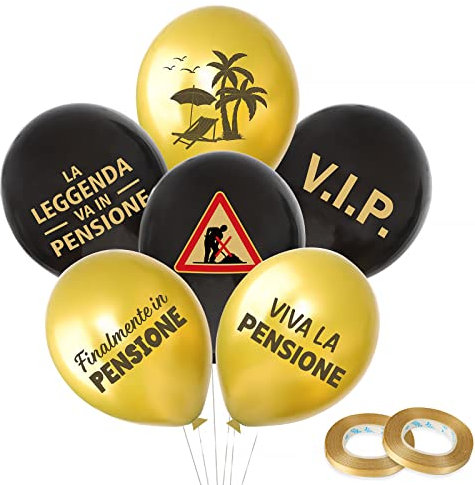 24pz Palloncini Pensione Italiano Oro Nero Lattice Idea Regalo Pensionato Decorazione Gadget Addobbi per Festa Pensionamento Uomo Donna