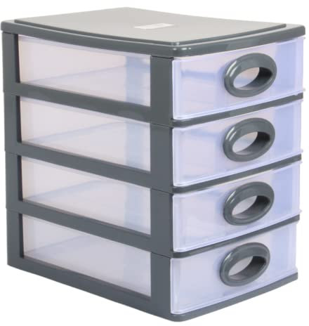 Plastic 4 Tier Desktop Storage Unit with Drawers. Tabletop Organiser. Transparent Mini Storage Tower. (Grey)