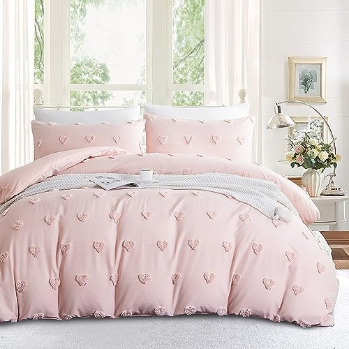 Freyamy Tuftée Parure de lit Bohème Housse de Couette 220x240 Broderie à la Main Parure de lit 2 Personne en Microfibre avec Fermeture Rose Ensemble de literie avec 2 Taie d'oreiller 65 x 65 Filles