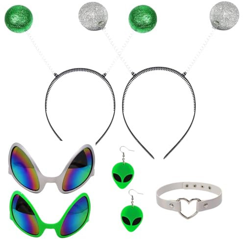 HONMOK 6 Stück Alien Stirnband Alien Brille Martian Antenne Stirnband Alien Ohrringe Leder Halsband Alien Kostüm Set Head Boppers für Halloween Karneval Fasching Foto Requisiten