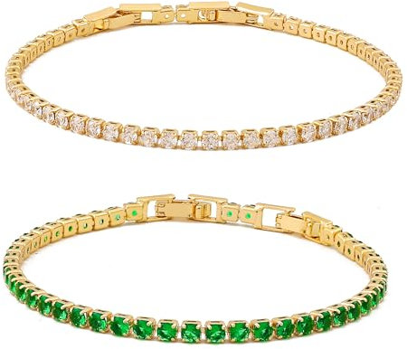 Zoomers Tennisarmband Set. Tennisarmband Gold mit Zirkonia. Tennis Bracelet Verstellbarer Länge 17-19CM. 2PC Armbänder Set.Tennis Armband Damen Smaragdgrün