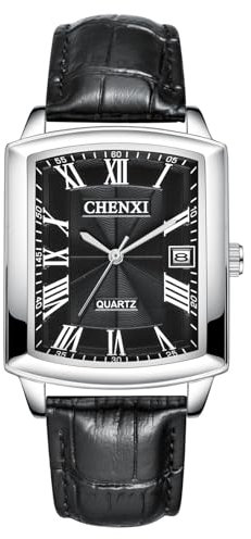 JewelryWe Uhren Herren Leder Rechteckig: 30m wasserdichte Kalender Analog Quarz Armbanduhr Männer Schwarz Echtleder Armband Uhr Herrenuhr mit Schwarz Rechteck Römischen Zahlen Zifferblatt