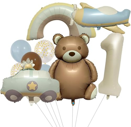YGCHEN Palloncini Orso Compleanno 1 Anno Palloncino Foil Auto Aereo Arcobaleno Alluminio Palloncini Baby Shower 1 Anno di Compleanno Ragazza Ragazzo Decorazioni per Feste 11 Pezzi