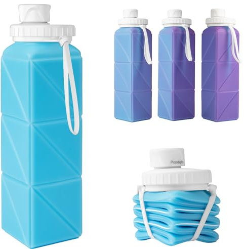 Popdigito Faltbare UV-Wasserflaschen, auslaufsicher, UV-Farbwechsel, BPA-frei, Silikon, faltbar, 590 ml, leicht, für Reisen, Camping, Wandern, Radfahren, Laufen