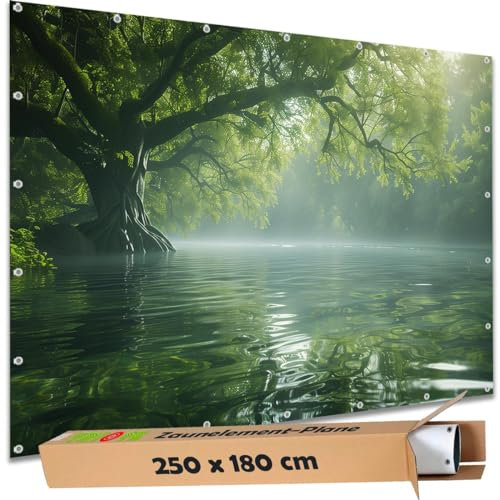 TRIOSK Sichtschutz Garten Deko Zaun Plane Blickdicht groß mit Zaunblende Motiv Zauber Baum Wasser Nebel Fluss für Zaunelement Doppelstabmatten Stabmattenzaun Gartenzaun PVC 250x180 cm
