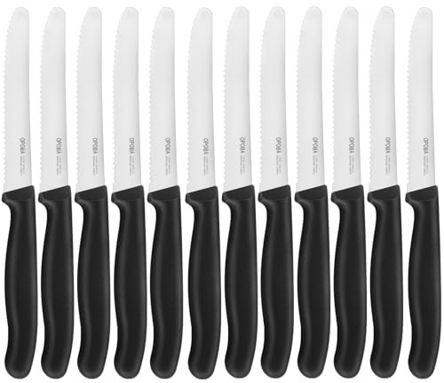 OPOLIA 12 Stück Brötchenmesser, schwarz,Wellenschliff Tomatenmesser,Hochwertiger Rostfreier Stahl Frühstücksmesser,Sehr scharfes Tafelmesser,Spülmaschinenfest.