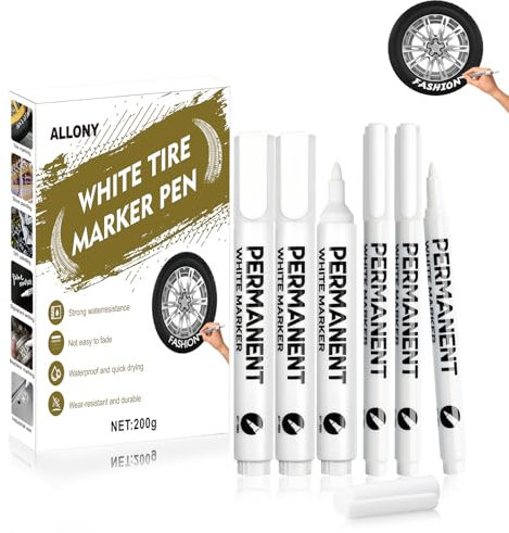 Allony Rotulador Impermeable para Neumáticos de Coche, Marcador para Neumáticos, Rotulador Blanco Ruedas, Adecuado para Neumáticos de Coche o Grafitis sobre Piedra, Madera, etc, Blanco, 6 Piezas