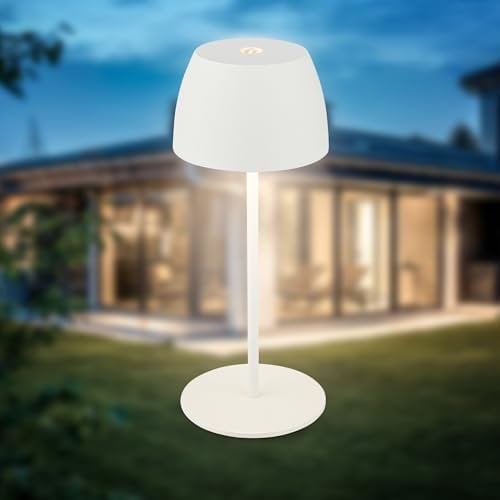 B.K.Licht - Mini LED Tischlampe kabellos IP44 mit Touch, stufenlos dimmbar, Akku & Lichtquelle tauschbar, Nachttischlampe, Dekolampe, LED Lampe, Akku Tischleuchte, Outdoor, 8x20 cm (DxH), Weiß