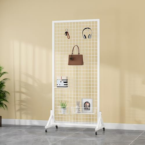 Zfmnoyev Expositor De Pie para Paneles Gridwall, Estante De Almacenamiento Móvil De Malla Metálica, Estante De Exhibición De Rejilla Independiente con 4 Ruedas Y 20 Ganchos(White,60x40x120cm)
