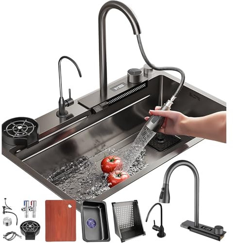 DSMRLEOP Fregadero de cascada de acero inoxidable negro multifunción con pantalla digital de cocina – 75x45cm Fregadero individual con grifo extraíble, sifón