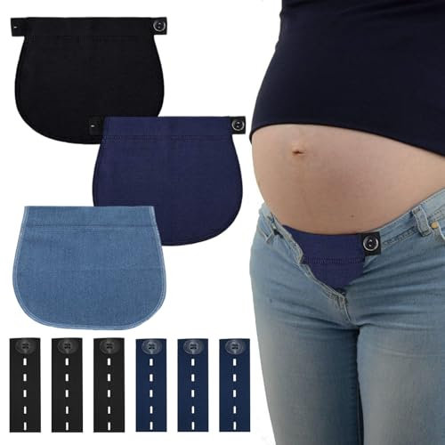 9 Piezas Adaptador Pantalon Embarazada,Extensor Pantalon Embarazada, Alargador Pantalones, Adecuadas para Jeans, Faldas Vaqueras, Pantalones Maternidad (Negro, Azul, Azul Oscuro)