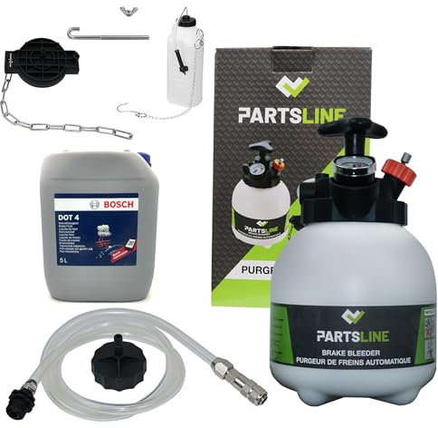 Partsline Purgeur de Frein Automatique et Embrayage avec Adaptateurs MULTIMARQUES (Purge Vidange Circuit Freinage) 3L + Bouteille de Récupération de Liquide de Frein 1L + Bidon de Liquide de Frein 5L