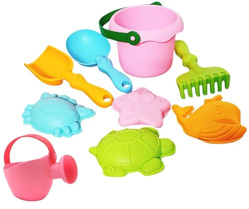 BOSSETY 9 Stück Sandspielzeug Set, mit Strandeimer, Sandform, Strandschaufel, Wasserflasche, Strandlöffel, Strand, Sandkasten, für Kinder Jungen Mädchen Alter 3 4 5 6 7+ (Rosa)