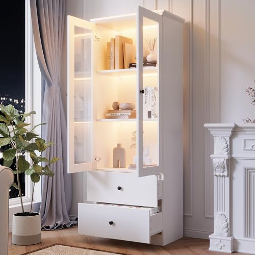 Wiuzo Moderne LED-Vitrine weiß matt 165 cm hoch mit USB-Anschluss, 16-Farben-Fernbedienung, Glasvitrine mit 2 Schubladen, Vertikalvitrine mit verstellbaren Fachböden, Vitrine mit Flügeltüren