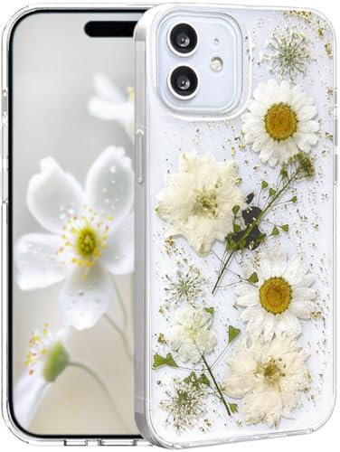 Efitoo for iPhone 12/12 Pro Case Clear Glitter with Flowers Design Real Dried Pressed Flower/Floral Gold Sparkle Cute Soft Slim Aesthetic Shockproof Protective Girly Women Girls Phone Cover (White)