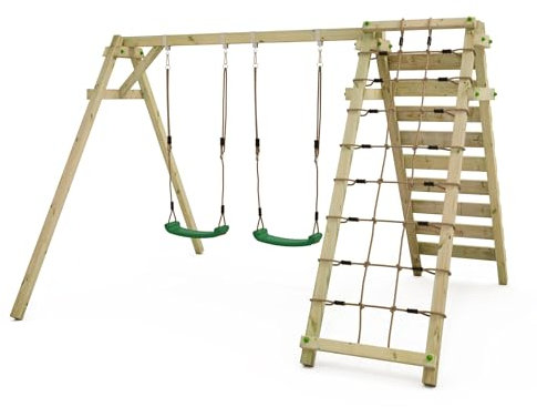 Wickey Smart Cliff Kinderschaukel, Schaukelgestell, Schaukel, Schaukelgerüst, Doppelschaukel, Holzschaukel mit Kletteranbau für Kinder im Garten mit 2 Schaukelsitzen - grün