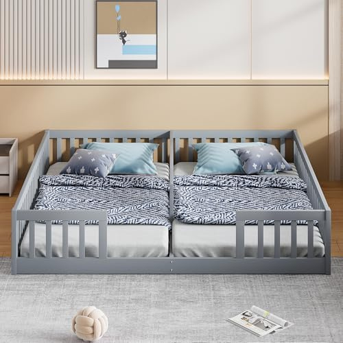 TOBIDOEN Kinderbett Bodenbett 90x200 cm mit Sicherheitsgitter, Holzbett Jugendbett aus Kiefer für Familien mit 2 Kindern, Kinder Bett Zwillingsbett mit Lattenrost, Grau
