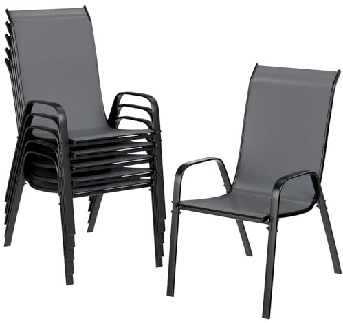 LIFERUN Gartenstühle Stapelstuhl Camping Stapelbar Hochlehner Terrassenstuhl Textilene Stahlgestell für Gärten Innenhöfe Balkone Restaurants 150 kg Belastbar 54 x 69 x 93cm (6pcs, Dunkelgrau)